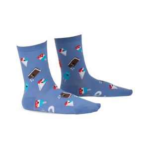 Periwinkle blue crew socks with a fun pattern of cartoon ice cream bars and pops in red, white, and brown.