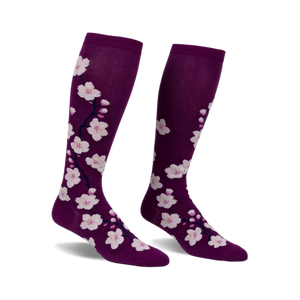 Pair of women's knee-high socks; purple with pink cherry blossom design.