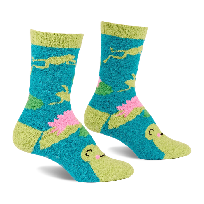 Pair of fuzzy teal blue slipper socks with lime green jumping frogs, pink lily pads, and frog faces on toes.