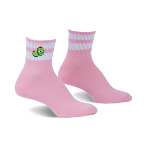 Pair of pink ankle socks with white stripes and embroidered olives.  The olives have happy faces.