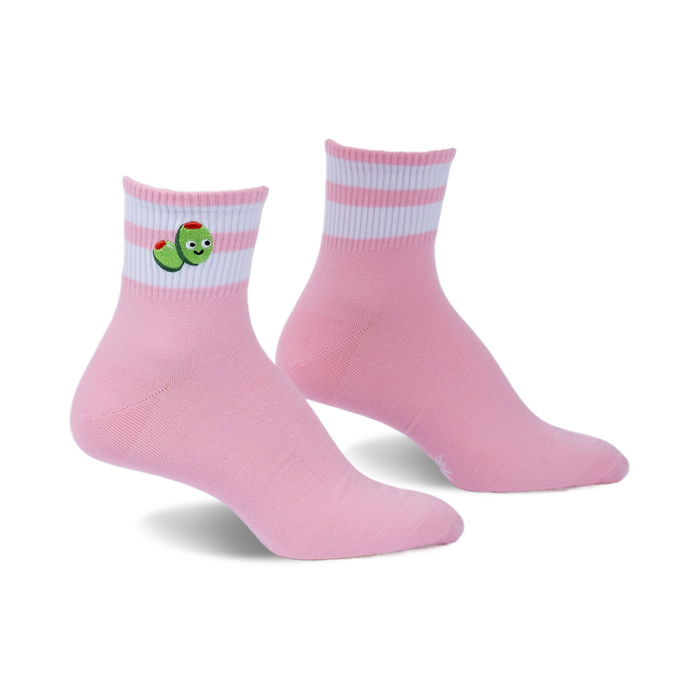 Pair of pink ankle socks with white stripes and embroidered olives.  The olives have happy faces.