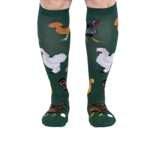 Person wearing dark green knee-high socks patterned with various chickens and eggs, standing, front view.