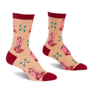 Pair of sheer ankle socks with pink cowboy boots and green clover flowers on a light beige background, with dark red cuffs, heels, and toes.