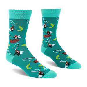 Pair of teal crew socks showing cartoon flies fly fishing from canoes with green and yellow fish leaping.