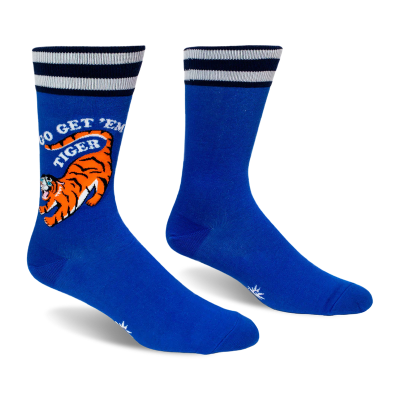 Pair of bright blue crew socks with a striped cuff. The outer side shows an orange tiger and white Go Get 'Em Tiger text.