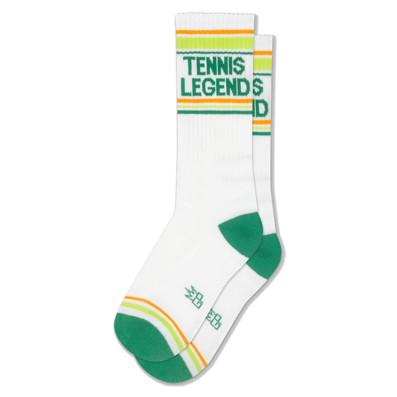 White crew socks with green TENNIS LEGENDS text, neon athletic stripes, and bold green accents on the heel and toe.