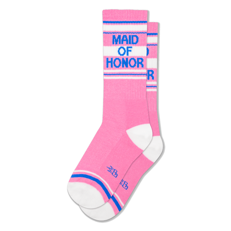 Pink tube socks with white heels and toes featuring Maid of Honor in blue text surrounded by retro blue and white stripes.