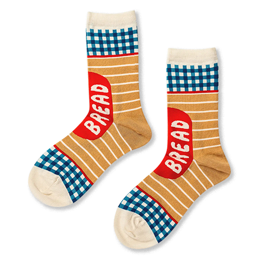 Crew socks featuring blue gingham accents and a tan striped body with a red side patch reading BREAD in white.