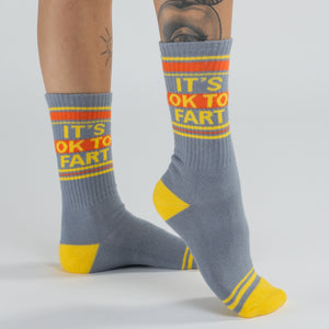 Studio shot: Pair of 'It's Ok to Fart' socks displayed on a white background, showcasing the full design.