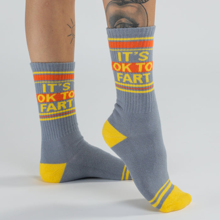 Studio shot: Pair of 'It's Ok to Fart' socks displayed on a white background, showcasing the full design.