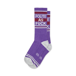 Pair of purple crew socks with white stripes and 'Polite As Fuck' text.  Retro-style font and design.