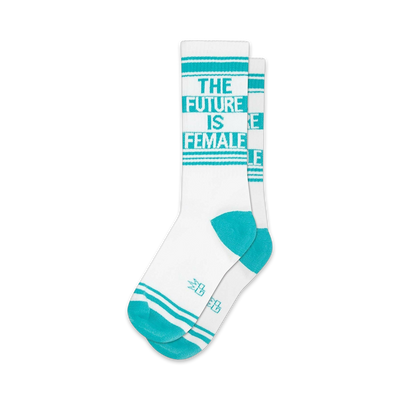 Pair of white crew socks with teal stripes and the text 'The Future is Female'.