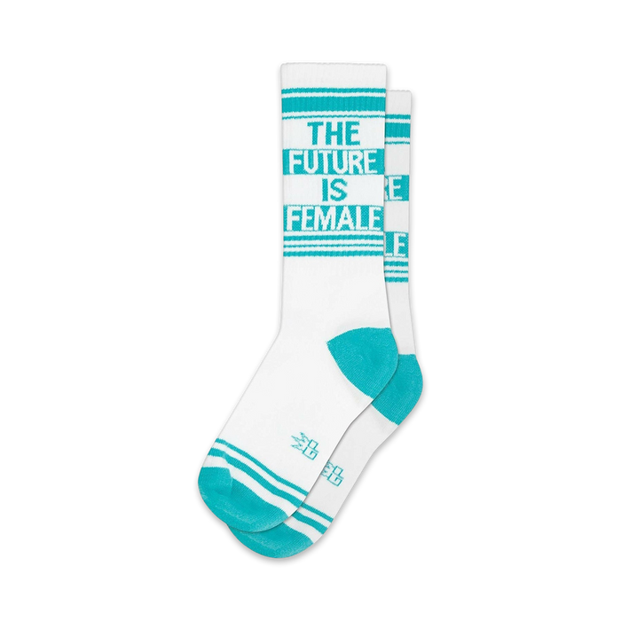 Pair of white crew socks with teal stripes and the text 'The Future is Female'.