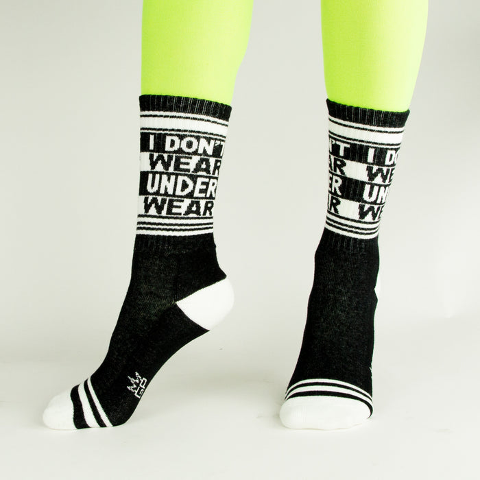 Flat lay product shot: Two 'I Don't Wear Underwear' socks laid flat, showcasing the design and details.