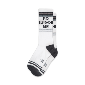 Pair of black and white crew socks with 'I'D FUCK ME' vertically printed. Features black and white stripes.