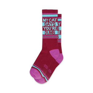 Pair of burgundy crew socks with teal and pink stripes.  Text reads 'My Cat Says You're Dumb'.