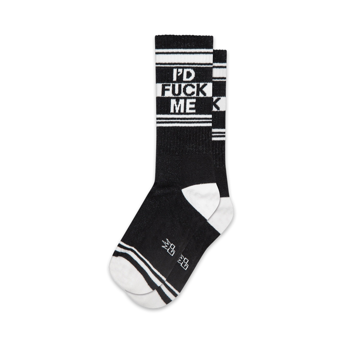 Close-up of black 'I'd Fuck Me' socks with white stripes.