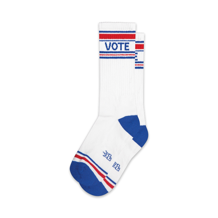 white with red and blue stripes at the top and blue toes and heels crew length political-themed socks.  