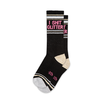 black crew socks, white toes & heels, pink & white stripes, bold "i shit glitter" design.