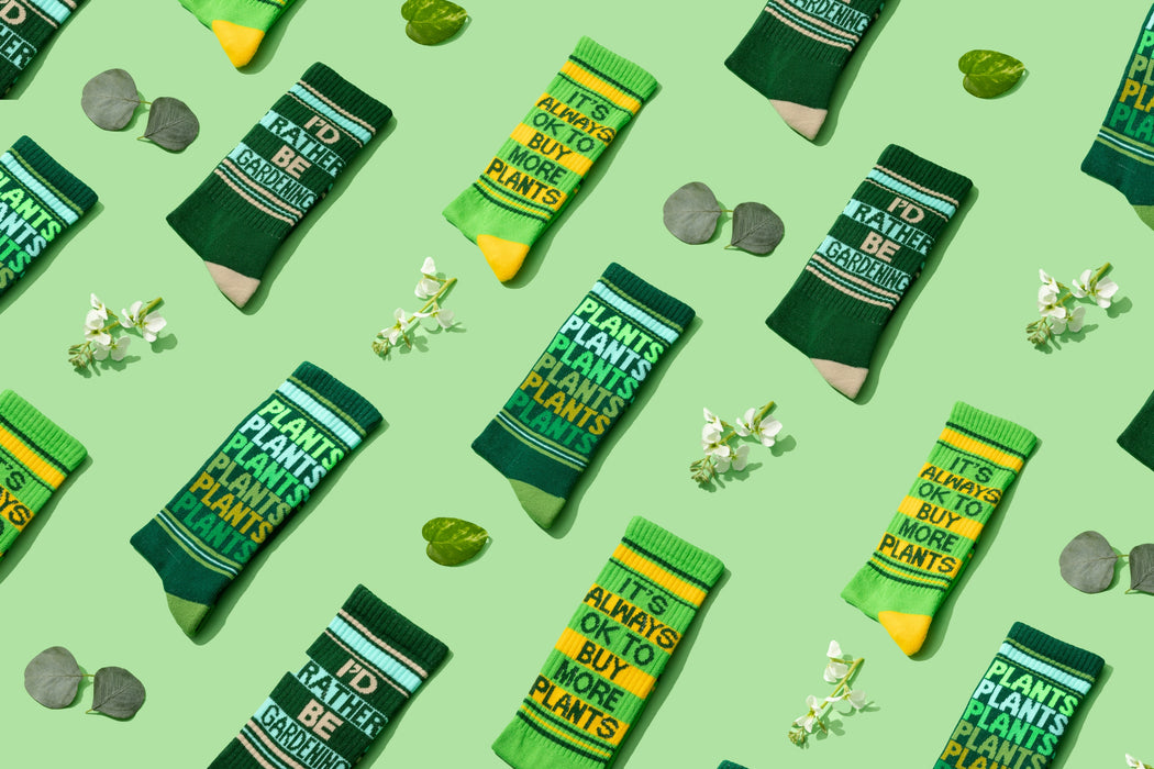 Flatlay product shot of multiple pairs of 'It's Always Ok To Buy More Plants' socks arranged on a green background with small plants and flowers.