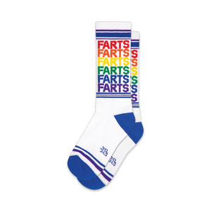 Pair of white crew socks with rainbow-colored 'Farts' text and blue/purple stripes. Fun and casual design.