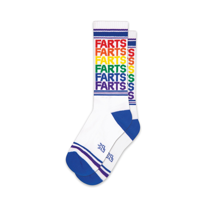 Pair of white crew socks with rainbow-colored 'Farts' text and blue/purple stripes. Fun and casual design.