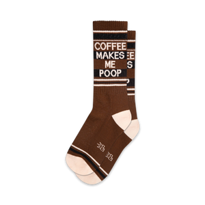 brown crew socks with white toe, heel, and stripes. white text on brown band reads 