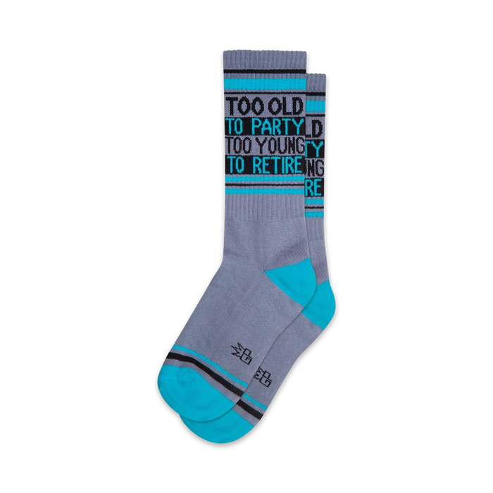 fun and festive novelty socks in gray, blue, and black with the words 