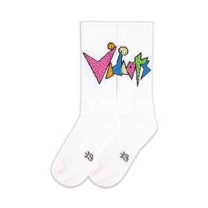  white crew socks with colorful geometric shapes, 