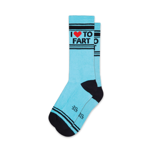 Pair of light blue crew socks with black stripes and 'I ♥ To Fart' graphic.