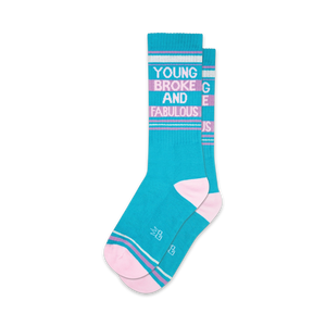 blue crew socks with pink and white lettering that reads 