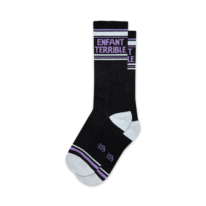 Pair of black crew socks with lavender stripes and 'ENFANT TERRIBLE' text.