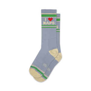 Pair of blue crew socks with a red heart and 'I Love Naps' graphic, accented with cream and green stripes.