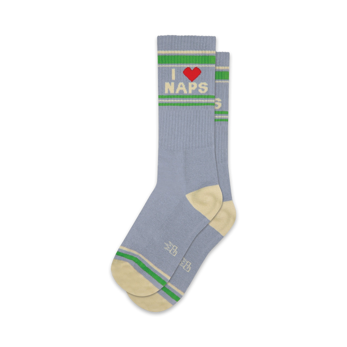 Pair of blue crew socks with a red heart and 'I Love Naps' graphic, accented with cream and green stripes.