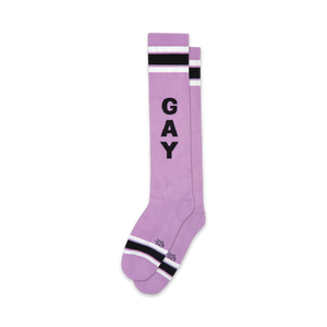 Pair of lavender knee-high socks with black and white stripes at the top and bottom. The word 'GAY' is vertically printed in black.