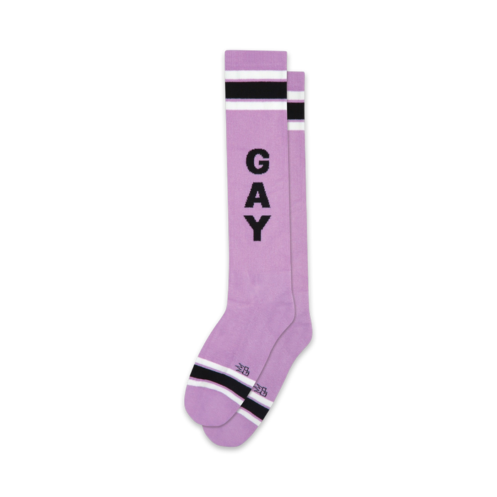 lavender knee-high socks with the word 