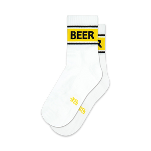 Pair of white crew socks with a black and yellow 'BEER' band at the top. Small yellow design at the heel.