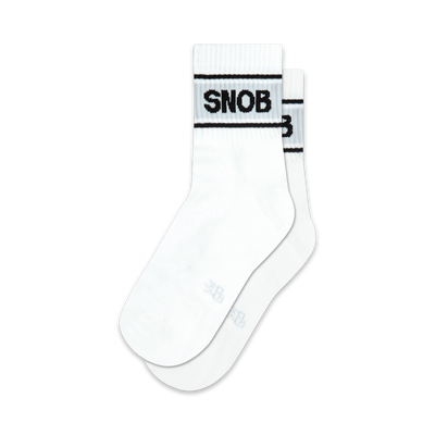 Pair of white ankle socks with a black 'Snob' logo across the top. Simple, stylish, and perfect for everyday wear.