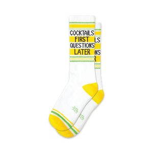 white crew socks with black and yellow text 