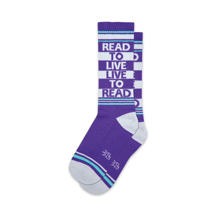 purple striped crew socks with 'read to live live to read' slogan for men and women who love reading.   }}