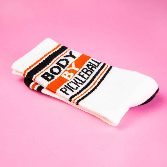 Close-up of folded 'Body By Pickleball' sock showcasing the detail of the stripes and text.