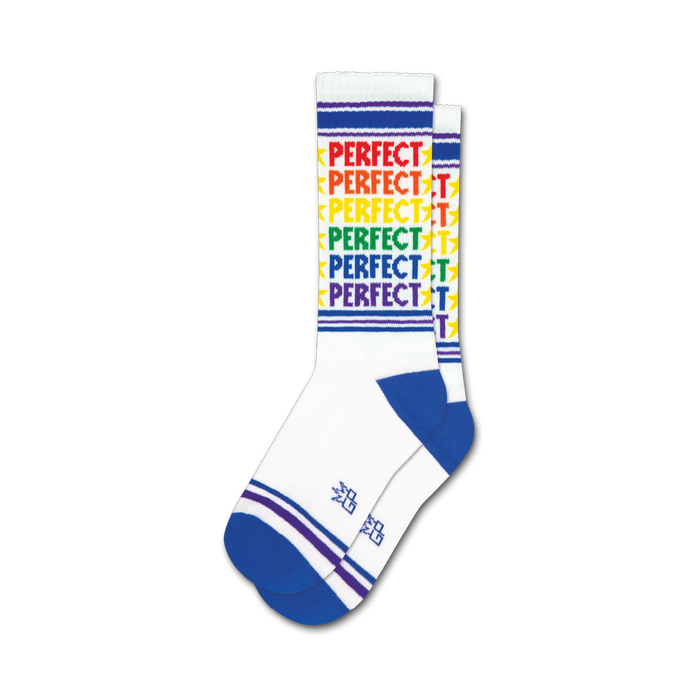 Pair of white crew socks with rainbow-colored 'PERFECT' text and blue, purple, and white stripes at the cuff. }}