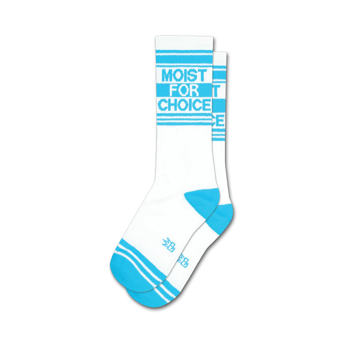 Pair of white crew socks with light-blue horizontal stripes and the phrase 'Moist For Choice' in light blue. }}
