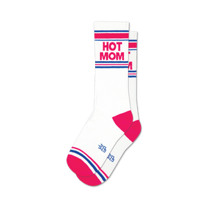 Pair of white crew socks with pink and blue stripes and the words 'HOT MOM' in pink.
