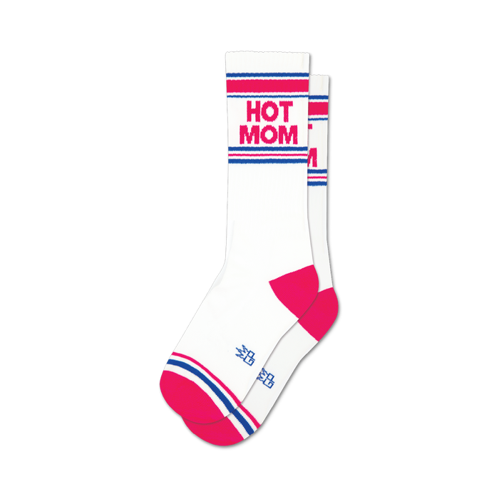 Pair of white crew socks with pink and blue stripes and the words 'HOT MOM' in pink.