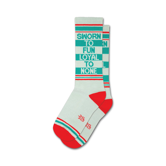 Pair of off-white crew socks with teal stripes and red cuffs. Text reads 'Sworn to Fun Loyal to None'. }}