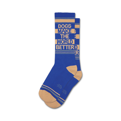 Pair of blue and beige crew socks with the text 'Dogs Make The World Better' in a retro stripe design.