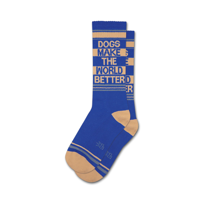 Pair of blue and beige crew socks with the text 'Dogs Make The World Better' in a retro stripe design. }}