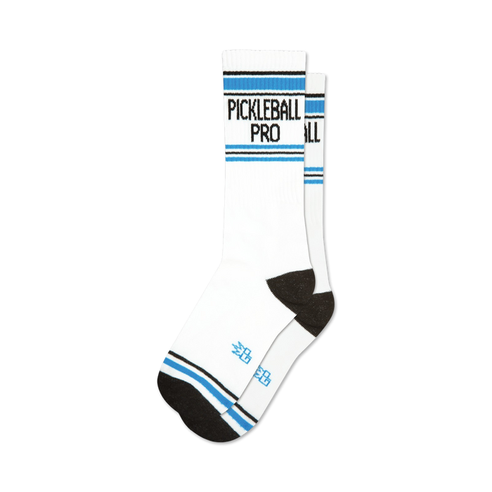 Pair of white crew socks with black and light blue stripes and 'Pickleball Pro' text. A small logo is visible at the bottom. }}