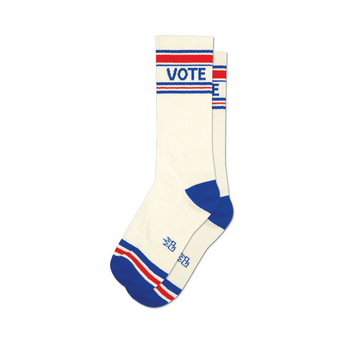 a pair of white socks with red and blue stripes at the top and the word 'vote' in large blue letters on the front. }}